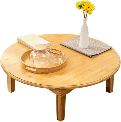 Round Japanese Style Small Table with Foldable Legs - Bamboo Coffee Low Table for Drinking Tea, Bay Window, Tatami, Outdoor, Bed Computer Dining Kang Floor (31.5 * 11.8in)