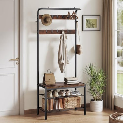 NEWBULIG Coat Rack, Hall Tree with Shoe Bench, 4-in-1 Entryway Organizer with 10 Hooks and Storage Shelf, Rustic Wood Entryway Bench for Mudroom, Living Room, Bedroom, Brown
