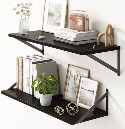 10 Inch Deep Floating Shelves, Black Floating Shelves 30 Inch Long, Rustic Wood Wall Shelves 30"W x 10"D, Deep Floating Shelf with Bracket, Wide Storage Shelves for Books, Living Room, Bathroom