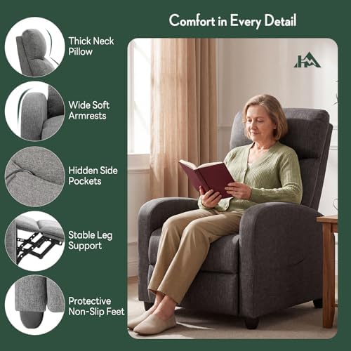 Recliner Chair, Recliner Sofa Fabric for Adults, Recliners Home Theater Seating with Lumbar Support, Reclining Sofa Chair for Living Room, Ash