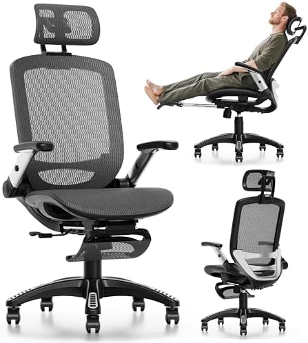 GABRYLLY Ergonomic Office Chair with Footrest, High Back Home Desk Chair - 3D Headrest, Flip-Up Arms, 135° Tilt and Wide Cushion, Heavy Duty Mesh Chairs for Task Computer Gaming, GYB01-FT