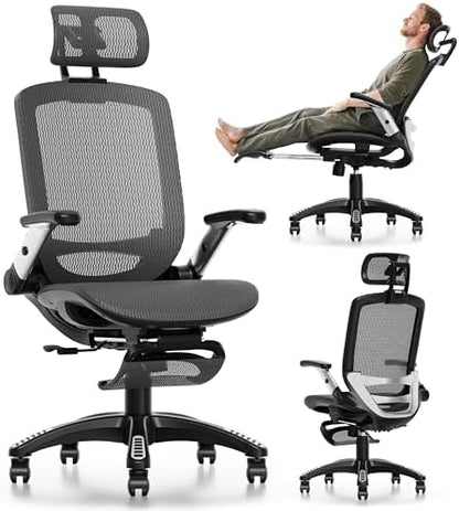 GABRYLLY Ergonomic Office Chair with Footrest, High Back Home Desk Chair - 3D Headrest, Flip-Up Arms, 135° Tilt and Wide Cushion, Heavy Duty Mesh Chairs for Task Computer Gaming, GYB01-FT