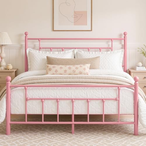 VECELO Full Size Metal Platform Bed Frame with Headboard and Footboard, Heavy Duty Slat Support/No Box Spring Needed Mattress Foundation/Underbed Storage Space, Victorian Style