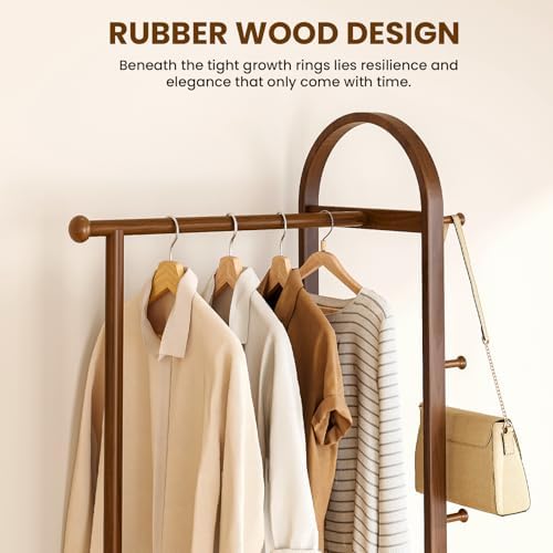 31.5" Wide 3-in-1 Freestanding Clothing Rack,Wooden Coat Rack with 2 Shelves and 6 Hooks,Solid Rubber Wood Coat Rack with Shelves for Entryway, Bedroom, Living Room, Walnut