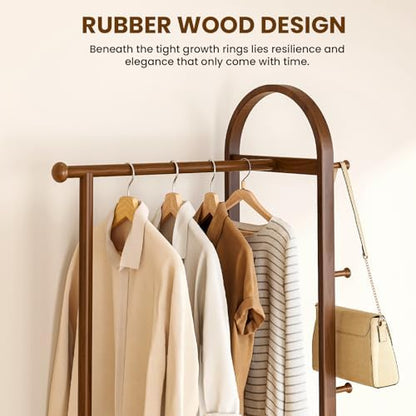 31.5" Wide 3-in-1 Freestanding Clothing Rack,Wooden Coat Rack with 2 Shelves and 6 Hooks,Solid Rubber Wood Coat Rack with Shelves for Entryway, Bedroom, Living Room, Walnut