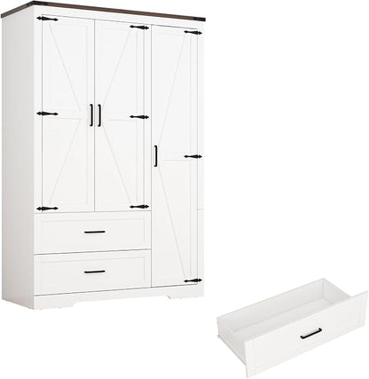 Hlivelood 3 Doors Wardrobe Armoire Closet with Doors and Drawers, Farmhouse Wooden Armoire Storage Cabinet with Shelves & Hanging Rod for Bedroom, White
