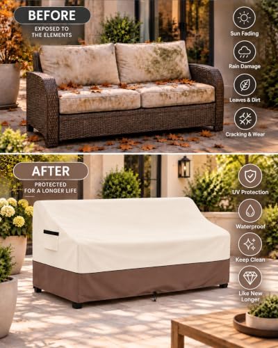 Patio 3-Seater Sofa Cover,Outdoor Couch Cover Fits up to 79W x 37D x 35H Inches,100% Waterproof Heavy Duty Patio Furniture Covers,Beige&Brown