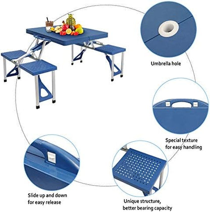 Blue Portable Folding Picnic Table with 4 Seats,Folding Picnic Table, Portable Outdoor Table with Bench, Patio, Porch or Camping Table and Chair Set, Picnic Tables for Outdoors,Patio Furniture Set
