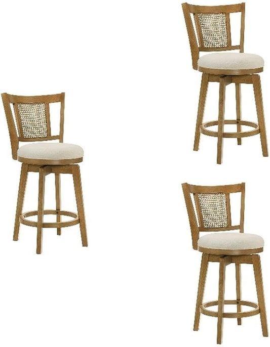 Armen Living Isla 30 in. Amber Glow Bar Height Rubberwood Swivel Barstool with Ivory Fabric Seat - Set of 3