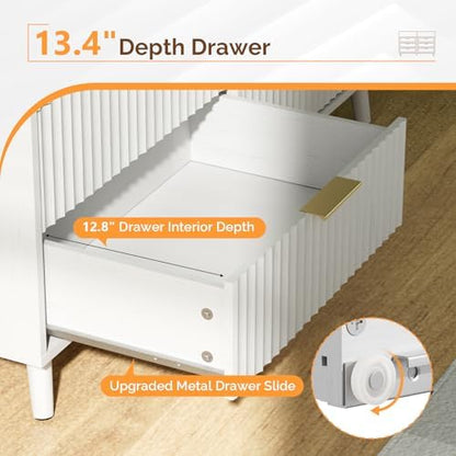 VINGLI Fluted White Dresser, Led Dresser 6 Drawer, White Wood Bedroom Dressers TV Stand, Modern, 47" W*15.75" D*33" H