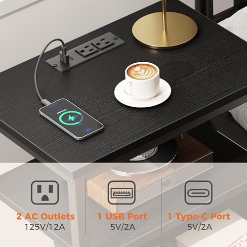 DUMOS Nightstand with Charging Station, Bedside Table with Fabric Drawers