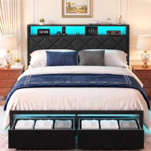 Queen Bed Frame with LED Lights, Charging Station & 2 Storage Drawers, Metal Platform with Upholstered Headboard, No Box Spring Needed, Easy Assembly