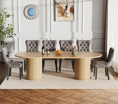 Oval Extendable Dining Table Set for 10, 11-Piece Extendable Kitchen Table Set with 10 Grey Upholstered Chairs, Modern 63"-94" Expandable Dining Room Table Set with Storage Fluted Base for Kitchen