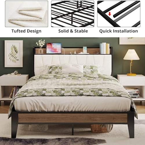 LIKIMIO Full Size Bed Frame with Storage Headboard and Charging Station