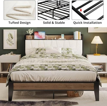LIKIMIO Full Size Bed Frame with Storage Headboard and Charging Station