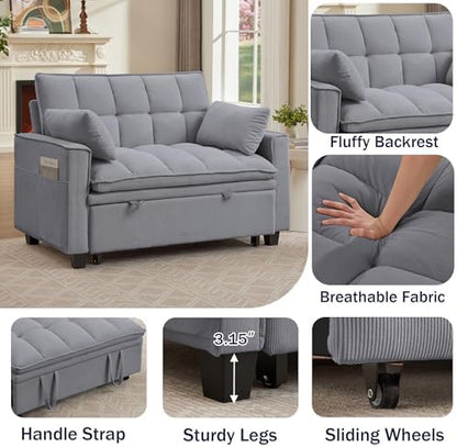 Sleeper Sofa with Pull Out Couch Bed, 48.43" Convertible Pull-Out Sofa Bed Chair, 3-in-1 Futon Couch with Reclining Backrest and Side Pockets for Living Room Bedroom Apartment, Light Grey