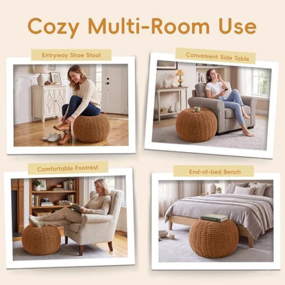 Hobestluk Stuffed Pouf Ottoman Footrest,Round Footstool,Large,Orange