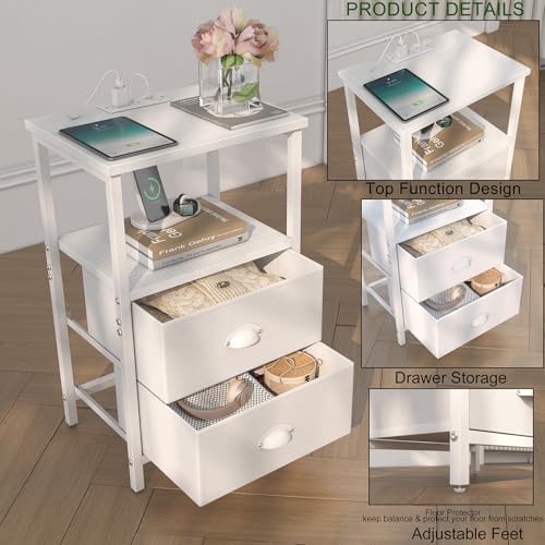 sthmec Nightstand with Charging Station, LED Night Stand with 2 Fabric Drawers PU Finish, Bedside Tables End Table with LED Light, 3-Tier Storage Side Table Nightstand with Drawers for Bedroom,White