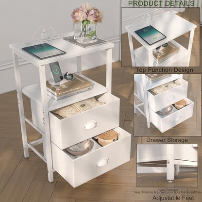sthmec Nightstand with Charging Station, LED Night Stand with 2 Fabric Drawers PU Finish, Bedside Tables End Table with LED Light, 3-Tier Storage Side Table Nightstand with Drawers for Bedroom,White