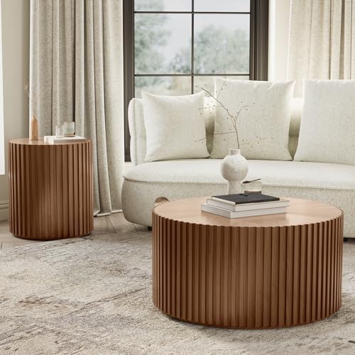 POVISON Coffee Table Set of 2, Round Wood Fluted Coffee Table Modern Side Table End Table for Living Room, Light Walnut, Fully Assembled