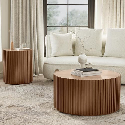POVISON Coffee Table Set of 2, Round Wood Fluted Coffee Table Modern Side Table End Table for Living Room, Light Walnut, Fully Assembled