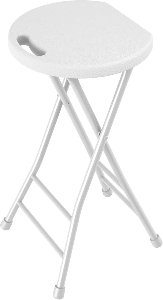 24 Inch Folding Stool, Portable Folding Stool with Handle & Non-Slip Feet, Sturdy 440lbs Capacity Folding Bar Stool for Kitchen, Camping, Fishing, White