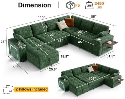 WEUP 111" Modular Sectional Sleeper Sofa with Pull Out Bed, 7 Seat Chenille L Shaped Couch with Storage Chaise|USB Ports|Cup Holders|Side Table|LED Light, Tool Free Assembly, Green