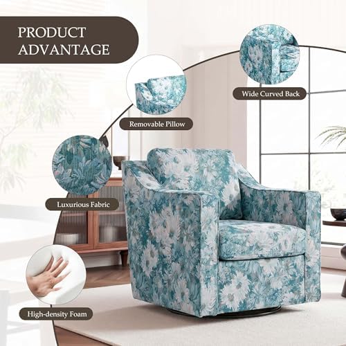 Swivel Accent Chairs Set of 4, Floral Upholstered Armchair, Cyan