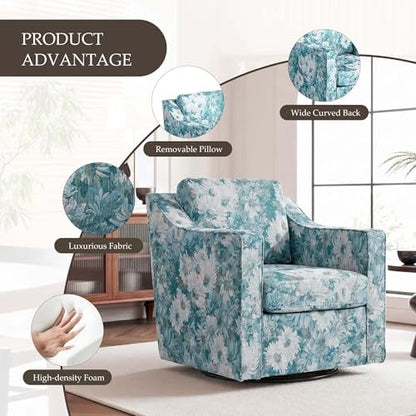 Swivel Accent Chairs Set of 4, Floral Upholstered Armchair, Cyan