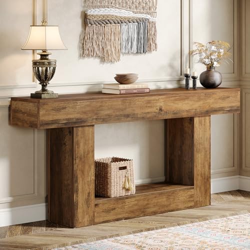 Tribesigns 63" Console Table, Farmhouse 2-Tier Entryway Table with U-Shaped Base, Narrow Long Sofa Table Behind Couch Table for Living Room, Hallway, Foyer, Vintage Brown