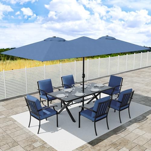 8 PCS Outdoor Patio Dining Set with 13.6ft Double-Sided Patio Umbrella,Patio Table and Chairs Metal Outdoor Patio Furniture Set,Dining Table Set with 6 Chairs,Navy Blue