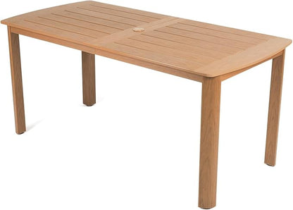 Outdoor Rectangle Dining Table with Rounded Edge, 67" All-Weather HIPS Patio Table for 6, Outdoor Furniture with Umbrella Hole, Ideal for Garden, Poolside, Backyard, Deck, Teak