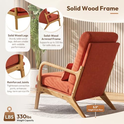 Bonnlo High Back Linen Burnt Orange Mid Century Modern Accent Chair, Soild Wood Padding Lounge Armchairs Side Sitting Chairs for Living Room, Bedroom, Guest Room