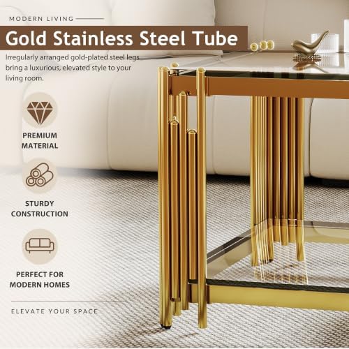 Gold Glass Coffee Table Set of 3, End Table Modern Living Room Table Set Rectangle Clear Tempered Glass Luxury Stainless Steel Leg, Center Side Table for Home (Gold, 43" Set of 3)