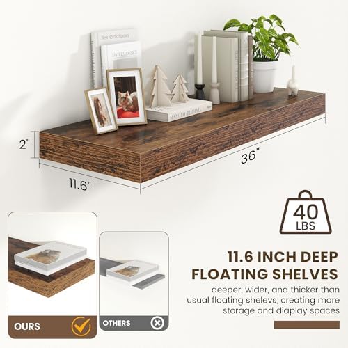 FLYJOE Deep Floating Shelves, 36'' x 12'' Brown Shelves for Wall Set of 1