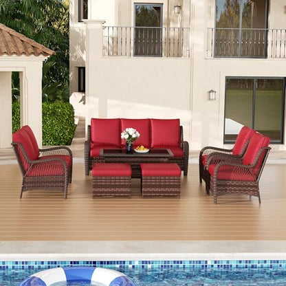 Outdoor Wicker 2 Seater Sofa, All-Weather Use Patio Rattan Loveseat with Seat and Back Cushion, Ideal for Porch, Backyard, Balcony, Poolside, Red