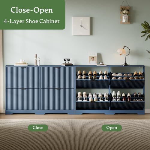 Shoe Storage Cabinet for Entryway with 4 Flip Drawers, Hidden Slim Wood Shoe Organizer with Modern Fluted Panel, Freestanding Narrow Shoe Rack for Front Door Entrance, Hallway, Foyer, Blue