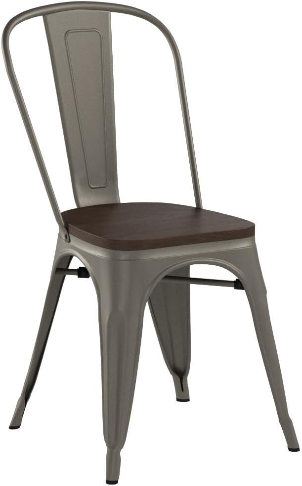 JUMMICO Metal Dining Chair Stackable Industrial Vintage Kitchen Chairs Indoor-Outdoor Bistro Cafe Side Chairs with Back and Wooden Seat Set of 4 (Gun)