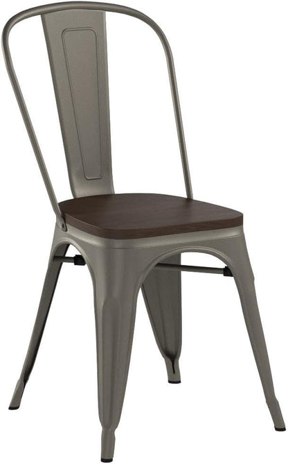 JUMMICO Metal Dining Chair Stackable Industrial Vintage Kitchen Chairs Indoor-Outdoor Bistro Cafe Side Chairs with Back and Wooden Seat Set of 4 (Gun)