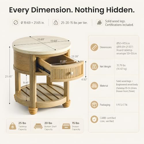 COLAMY Round Side Table, Wood End Table with Drawer and Open Shelf, Solid Wood Legs, Thick 24mm Top, Modern Accent Table for Living Room Bedroom, 19.7 in