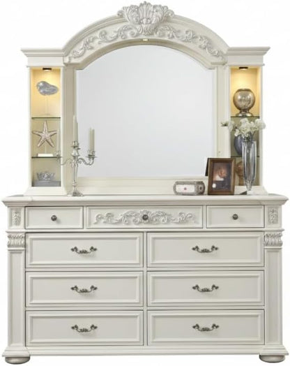 First of a Kind Platinum Traditional 5 Piece King Bedroom Set with Upholstered Tufted Headboard Elegant European Inspired Design Coordinated Furniture Collection, White