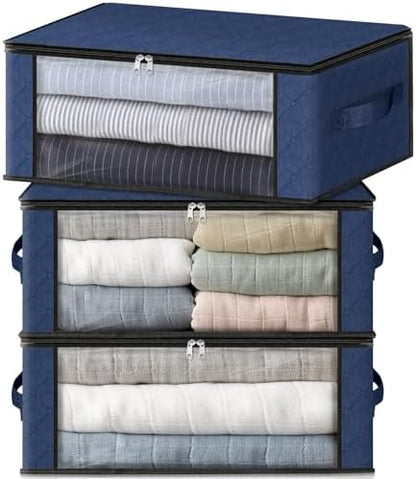 HomeHacks 3-Pack Clothes Organizer Storage Bags, 35L Storage Bins, Blue