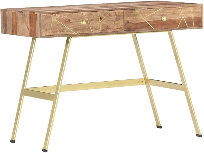 vidaXL Writing Desk, Computer Desk with Storage Drawers, Console Table with Steel Legs for Living Room Hallway, Modern Style, Solid Acacia Wood