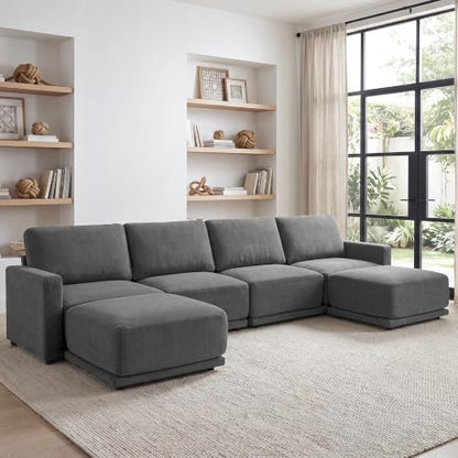 145" U-Shaped Modular Couch, 6-Piece Sofa, Ottomans, Grey
