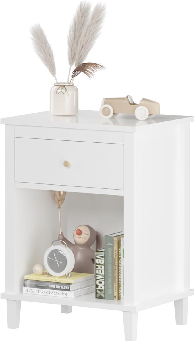 Nightstand with Drawer, 26.77''H Wooden Nightstand with Drawer & Open Storage Shelf, Modern Bedside Table for Kids, End Table for Living Room Bedroom, White