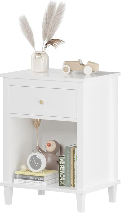 Nightstand with Drawer, 26.77''H Wooden Nightstand with Drawer & Open Storage Shelf, Modern Bedside Table for Kids, End Table for Living Room Bedroom, White