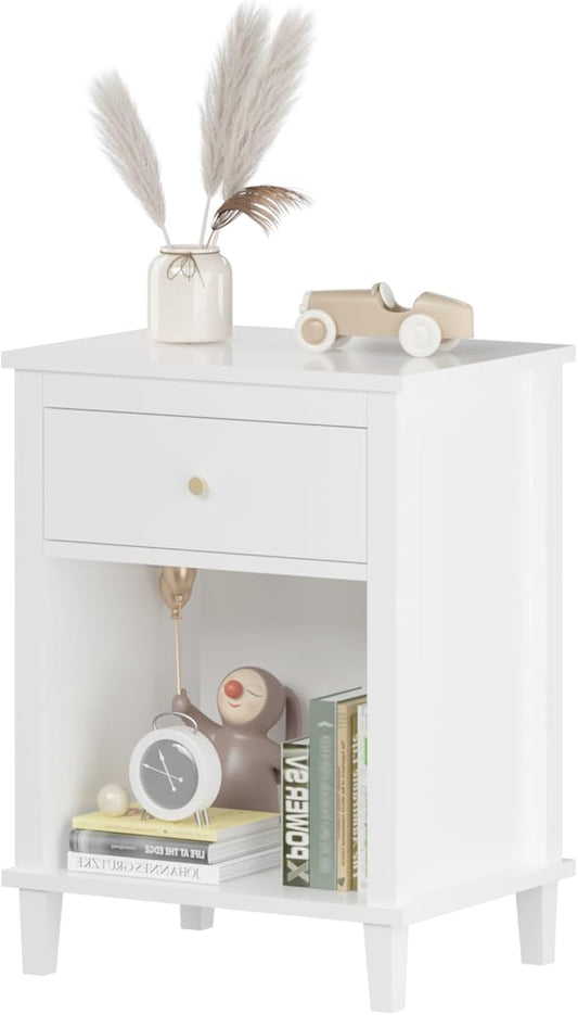 Nightstand with Drawer, 26.77''H Wooden Nightstand with Drawer & Open Storage Shelf, Modern Bedside Table for Kids, End Table for Living Room Bedroom, White