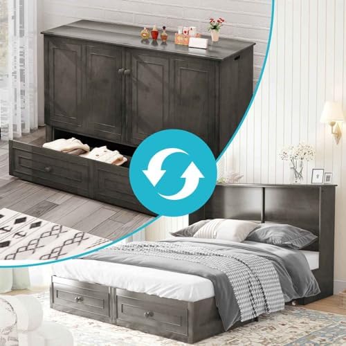 CECER Queen Murphy Cabinet Bed without Mattress, Slate Grey