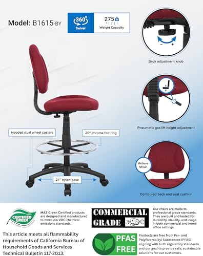 Boss Office Products B1615-BY Ergonomic Works Drafting Chair Without Arms, Burgundy, Mid-Back
