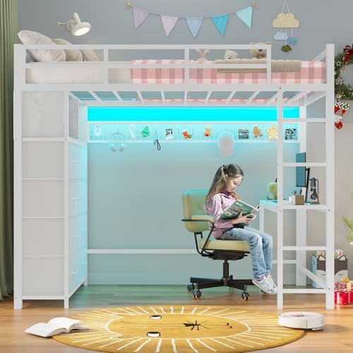 ADORNEVE Twin Loft Bed with Desk, 8 Storage Drawers,LED Lights, White